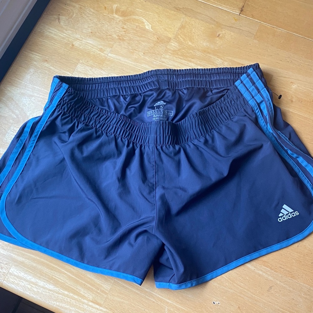 Adidas Dark Blue Sports Shorts with Sky Blue Stripes
